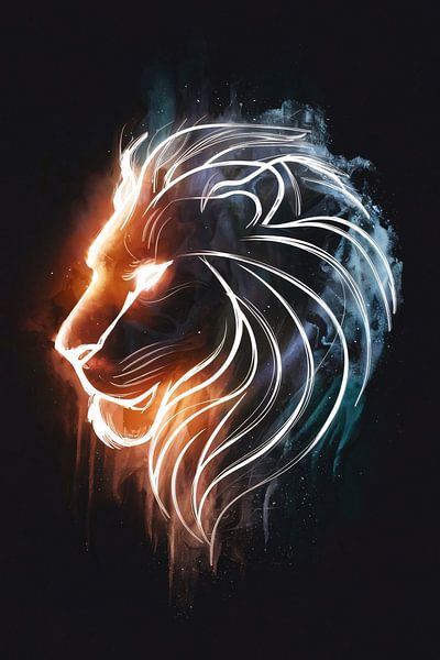 Lion cosmique dans la nébuleuse stellaire Dessin au trait par Art & Soul Creations