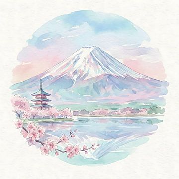 Ruhige japanische Landschaft: Fuji, Pagode, Kirschblüten von Clay Artista