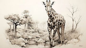 dessin à la plume d'une girafe sur Gelissen Artworks