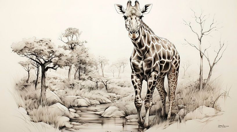 pen drawing of a giraffe by Gelissen Artworks