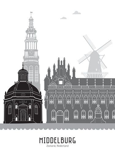 Skyline illustratie stad Middelburg zwart-wit-grijs