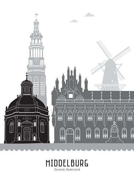 Skyline illustratie stad Middelburg zwart-wit-grijs van Mevrouw Emmer