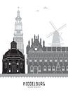 Skyline illustratie stad Middelburg zwart-wit-grijs van Mevrouw Emmer thumbnail