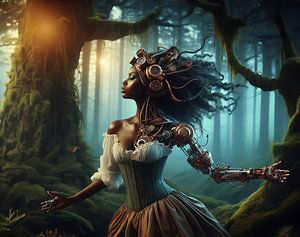 Roboterfrau im Wald