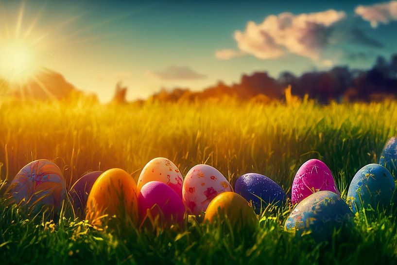 Oeufs de Pâques dans l'herbe avec soleil, illustration par Animaflora PicsStock