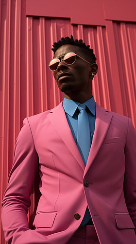A black man wearing sunglasses and a pink suit against a pink wall