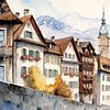 Aquarelle d'une ville de montagne dans un paysage de montagne alpine sur Vlindertuin-Art