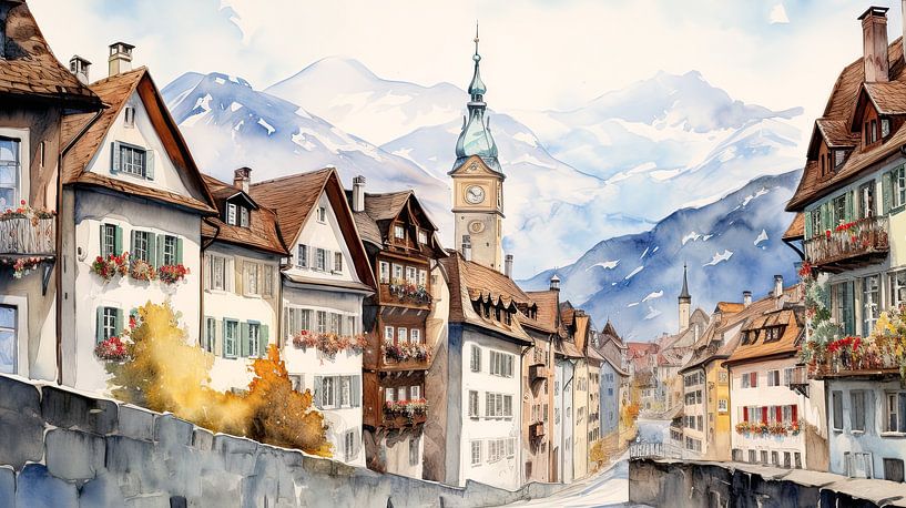 Aquarel bergstadje in Alpen berglandschap van Vlindertuin-Art