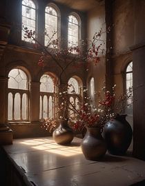 luxe klassiek oud gebouw met stenen potten en rode besjes van J.a Dijkstra