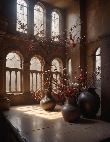 luxurious classic old building with stone pots and red berries by J.a Dijkstra