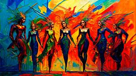 Farbenfrohes abstraktes Kunstwerk mit tanzenden Frauen von STUDIO ARTSY
