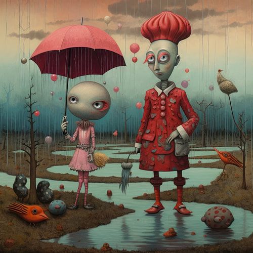Walking in the rain, Strange fairytale landscape with unusual creatures
