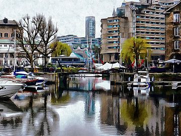Mistige reflecties bij St Katharine Docks Londen van Dorothy Berry-Lound