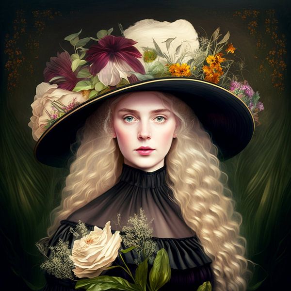 Alte Meister junge Frau Portrait großer Hut Blumen blondes Haar von gm_designs
