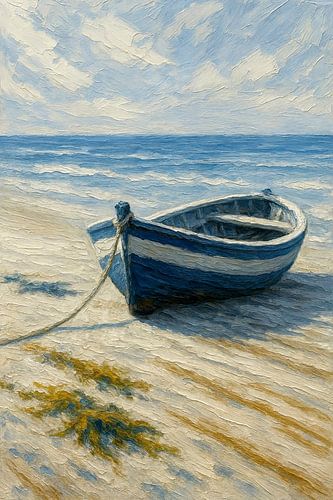 Blauwe boot op het strand (kust, zee, strand, rustgevend, sereen, strandwandeling, oude houten sloep)