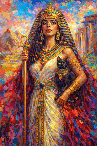 Painting of the Egyptian pharaoh Cleopatra with a black cat.