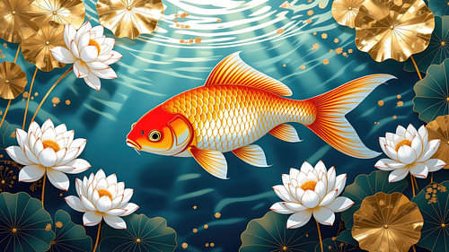 Moderne japanische Kunst: Koi-Karpfen mit Lotusblüten