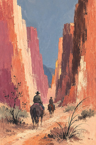Cowboys te paard door de canyon (AI) (western, paardrijden, stoer, vintage, rotsen, natuur, prairie, terracotta)