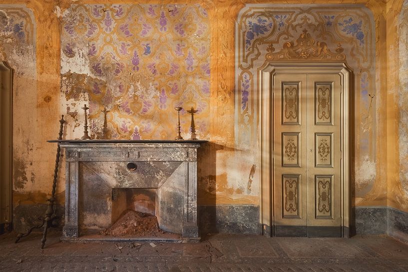 A statue from a castle with fireplace and candelabras by Perry Wiertz