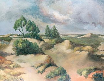 Duinlandschap met zicht op de Franse duinen in De Panne (België) - olieverf schilderij op doek.