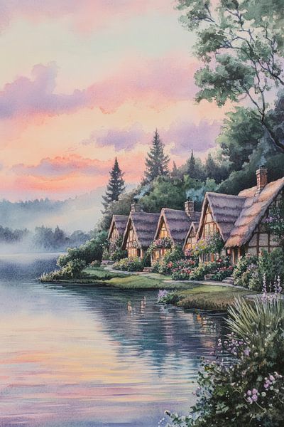 Maisons idylliques au bord du lac par Poster Art Shop