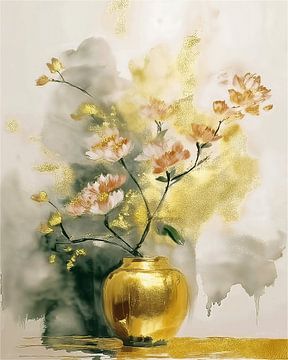 Sfeervol stilleven schilderij. Bloesemtak in gouden vaas van Studio Pieternel