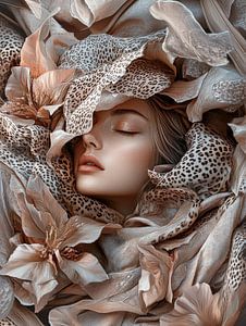 Portrait mystique avec des fleurs et des tissus