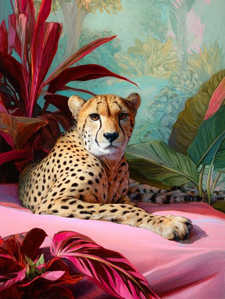 Resting cheetah on pink bed among tropical leaves by But First Framing