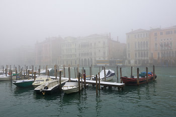 The Grand Canal in Venice on a quiet, snowy, misty winter’s day