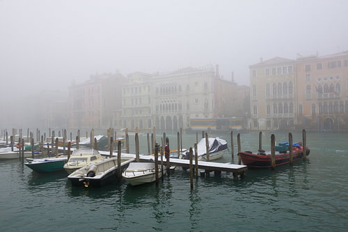 The Grand Canal in Venice on a quiet, snowy, misty winter’s day