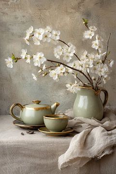 Green Tea Set with White Blossoms - Tranquil Still Life by Joriali photography and paintings