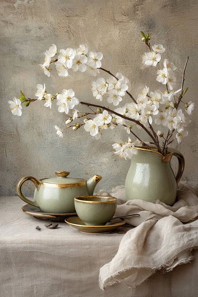 Green Tea Set with White Blossoms - Tranquil Still Life by Joriali photography and paintings