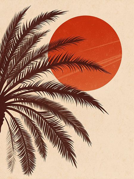 Oasis rétro au coucher du soleil : Une silhouette minimaliste de palmier du désert par Artistic