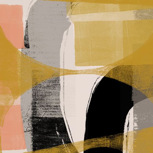 Kleurrijke abstracte kunst. Vormen in oker, zwart, grijs, wit en koraal.