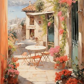 Regio zeezicht straat in Italië in de lente met bloemen en restaurant olieverfschilderij -art design verticaal van Animaflora PicsStock