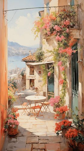 Regio zeezicht straat in Italië in de lente met bloemen en restaurant olieverfschilderij -art design verticaal