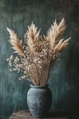 Blauwe vaas met droogbloemen