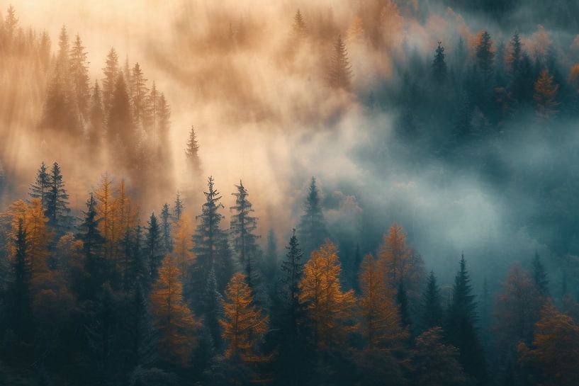 Herfstnevel over de bomen van fernlichtsicht