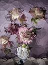 stilleven met bloemen in oudroze met paars (abstract stilleven) van Marjolijn van den Berg thumbnail