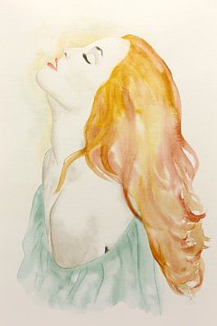 Genieten (aquarel schilderij portret vrouw rood haar sexy bloot schouders sexy realisme modern mooi) van Natalie Bruns