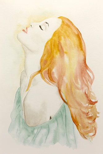 Genieten (aquarel schilderij portret vrouw rood haar sexy bloot schouders sexy realisme modern mooi)
