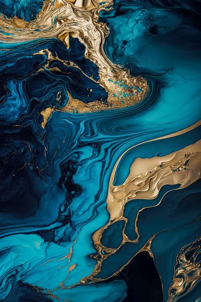 Marmer goud blauw zwart 1 van Digitale Schilderijen