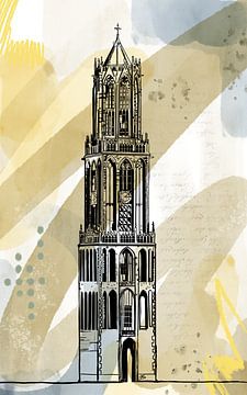 Domtoren met aquarelachtergrond van Janet Edens