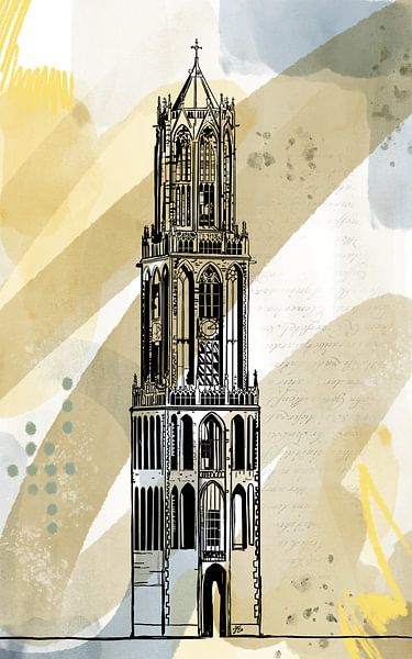 Domturm mit Aquarellhintergrund von Janet Edens