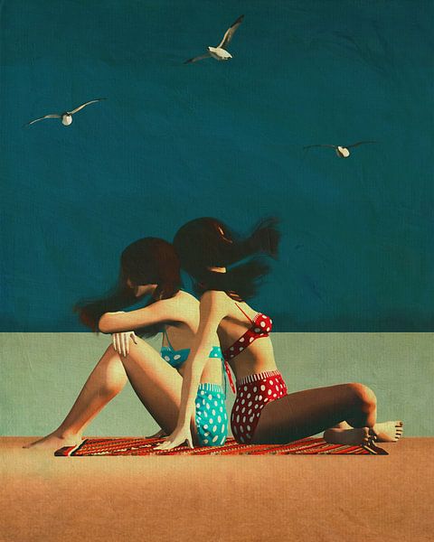 Retro-Stil Malerei von zwei Mädchen am Strand von Jan Keteleer