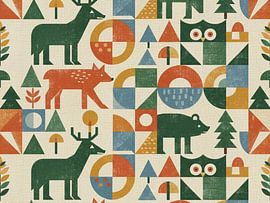 Geometric Animal Forest Seamless Pattern – Retro Nature Design by Ruliyreed