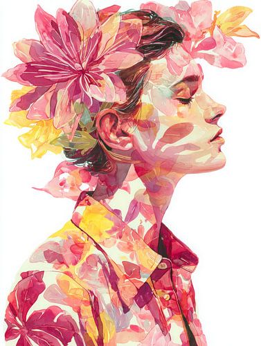 Portrait de rêve à l'aquarelle d'une femme avec des fleurs dans ses cheveux et sur ses vêtements