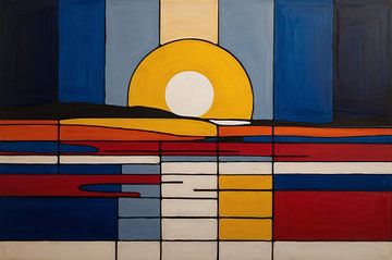 Coucher de soleil style Piet Mondrian sur De Muurdecoratie