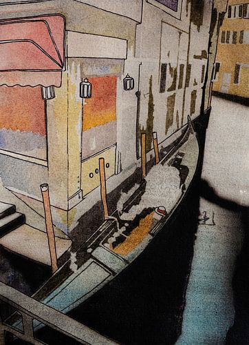 Aangemeerde gondel in Venetië | Aquarel schilderij
