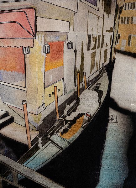 Die angedockte Gondel in Venedig | Aquarellmalerei von WatercolorWall